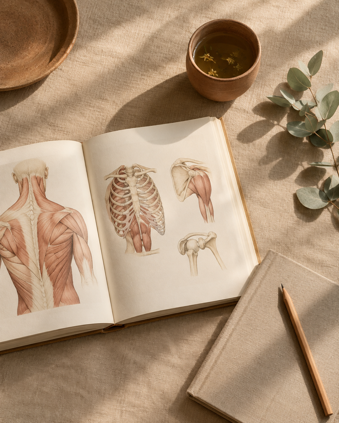 Opengeslagen anatomieboek, een notitieboek en een kopje thee op linnen