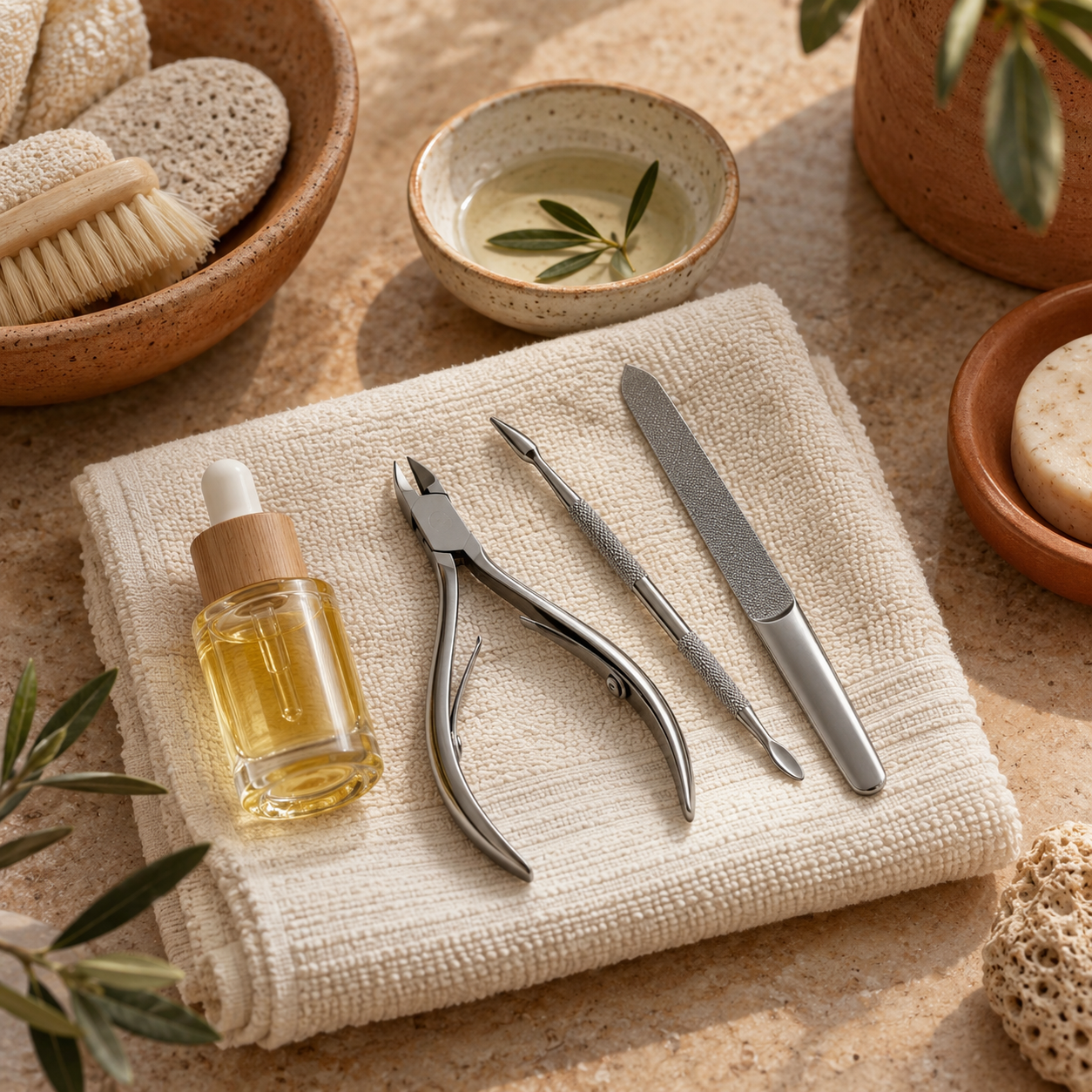Pedicure-instrumenten netjes op een gevouwen linnen handdoek